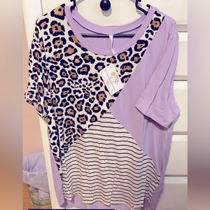 JJ’s Glitzy Cow Boutique Lavender Purple, Cheetah and Striped Shirt- Size: 2X